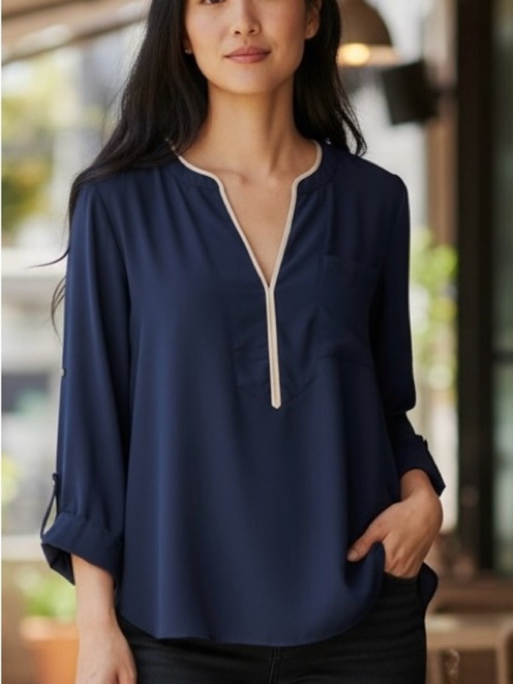 Ann Taylor Silk Blue White Work Capsule Tunic Blouse Top Medium EUC